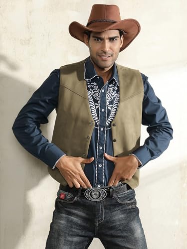 PJ PAUL JONES Men's Western Cowboy Vest Leather Suede Casual Waistcoat - color: Khaki Green, size: Small