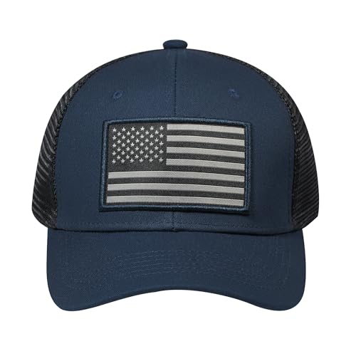 American Flag Trucker Hat, Patriotic Baseball Cap for Men & Women, Breathable Mesh Adjustable Snapback, USA Flag Patch - color: Navy/Black