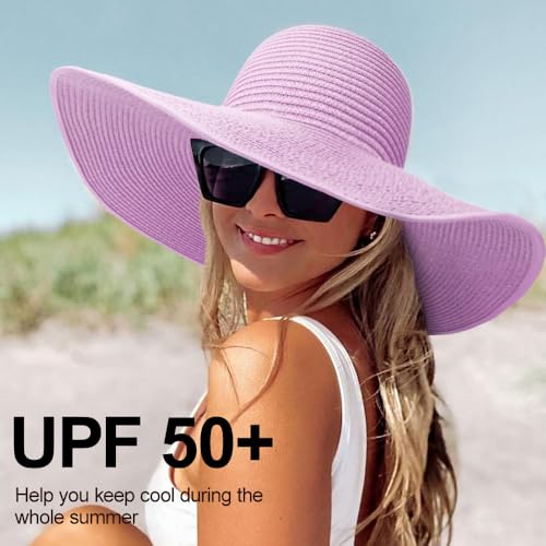 AQOKKA Sun Hats for Women Big Straw Wide Brim Summer Beach Hat Floppy Foldable Roll up Cap for Outdoor UPF 50+ - color: Wide Brim : Purple