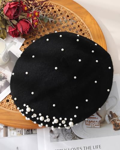 AWAYTR French Beret with Pearls & Rhinestones, Wool Beanie Hat for Women - color: Black