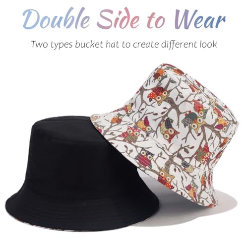 Reversible Bucket Hat for Women Summer Travel Fisherman Cap, Girls Cute Double Side Wear Bucket Cap - color: Owl