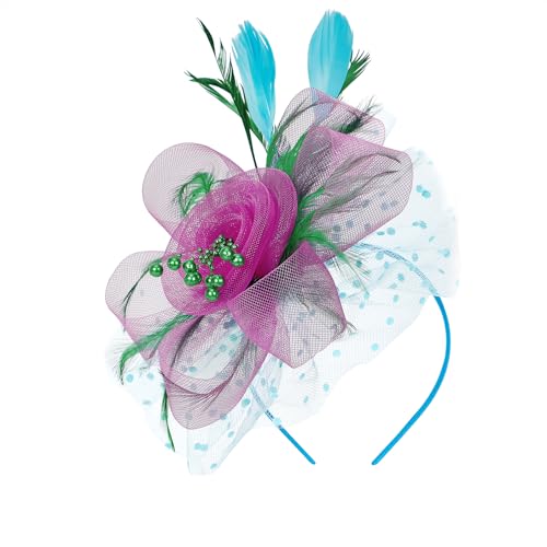 Century Star 2026 Kentucky Hat Derby Fascinator for Women Tea Party Flower Mesh Ribbons Feathers Headband Hair Clips - color: Green Pink Blue