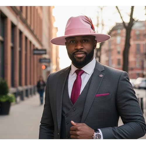Mens Fedora Hats Wide Brim Felt Panama Hat Dress Hat with Feather - color: A-pink