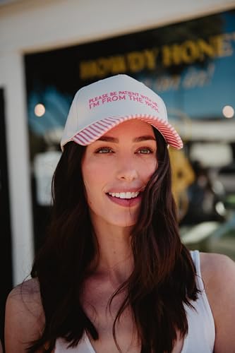KATYDID Please Be Patient with Me I'm from The 1900s Vintage Hat - Womens Trucker Hat - Embroidered Two-Toned Baseball Cap - color: Pink Stripe