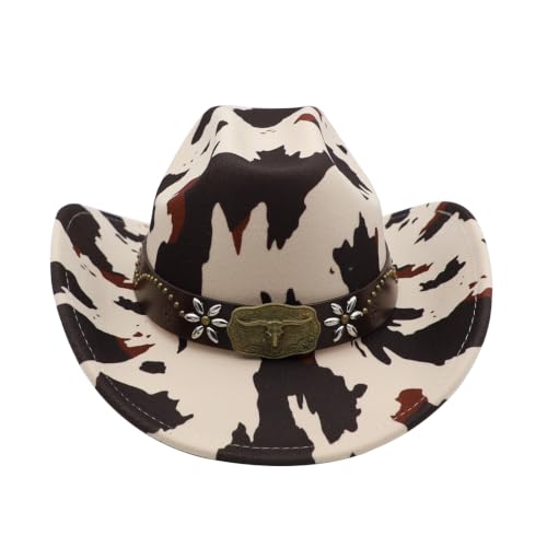 Western Cowboy Hat for Men Cowgirl Hat for Women Wide Brim Felt Fedora Hats Classic Cowboyhat with Buckle Belt - color: Cowprint