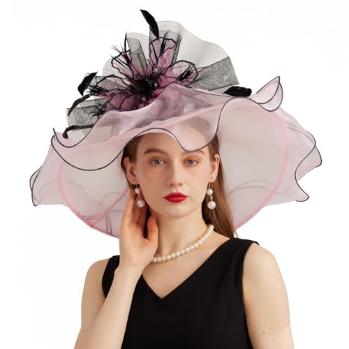 Women Organza Church Derby Hat Wide Brim Sun Caps for Wedding Tea Party Hat with Detachable hat Flower as Headgear - color: 11-pink