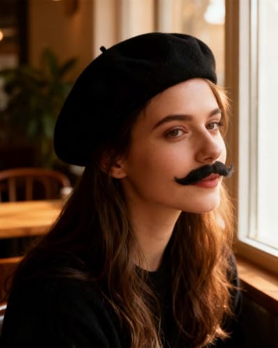 French Beret Hat for Men Women,Moustache Mime Halloween Artist Party Hats Birthday Fancy Costume Classic Wool Beanie Caps Black