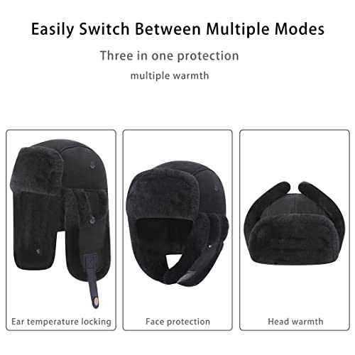 Harssidanzar Aviator Hat for Men Women Genuine Sheepskin Shearling Leather Winter Warm Trapper Hat CU603US - color: Black, size: Large