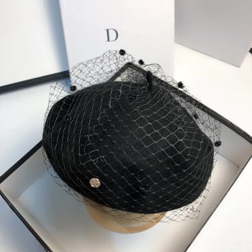 Women Wool Beret Hat, Classic French Artist Hat, Winter Warm Hat for Ladies - color: Black and Veil