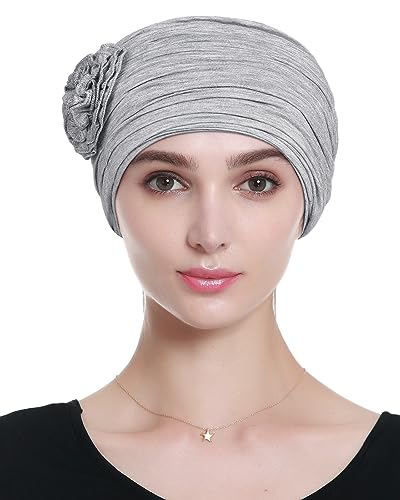 Alnorm Flower Design Chemo Hair Loss Caps Cancer Headwear for Women - color: Light Hemp Grey
