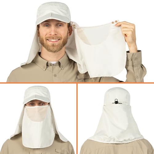 SUN CUBE Fishing Sun Hat with Neck Flap & Face Cover, Wide Brim UPF50+ Cap - color: Beige