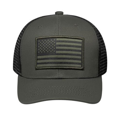 American Flag Trucker Hat, Patriotic Baseball Cap for Men & Women, Breathable Mesh Adjustable Snapback, USA Flag Patch - color: Olive/Black