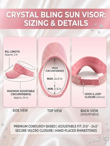Women Shiny Rhinestone Bling Sun Visor Adjustable Tennis Beach Ponytail Hat - color: Pink Hat+pink Rhinestone