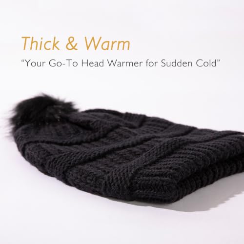 TOP-EX Winter Wool Slouchy Beanie for Women, Warm Faux Fur Pom Hat - color: Black_satin Lined