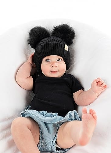 Funky Junque Double Pom Pom Baby Beanie – Newborn Girl Winter Hat 0–12 Months, Cute Cozy Knit Infant Beanies for Cold Weather - color: 2 Pack - Black & Ivory - Ear Flap