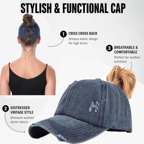 2 Packs Womens Criss‑Cross High Ponytail Trucker Hat, Cotton Vintage Washed Distressed Adjustable Baseball Cap - color: 2pcs 08
