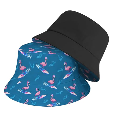 Amasnay Funny Bucket Hat Cotton Double-Side-Wear Reversible Sun Hat for Women Men, Summer Vacation Travel Beach Fisherman Hat - color: Funny Surfing Flamingo