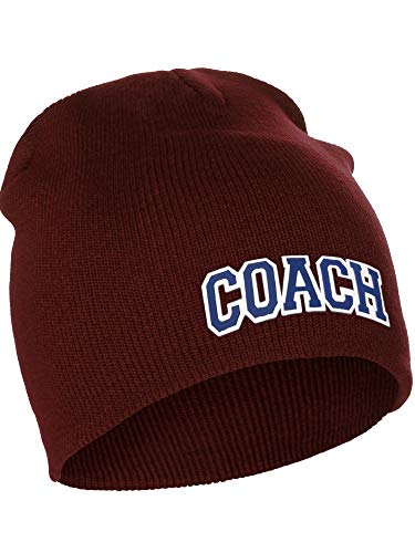 I&W Sports Team Coach Arch Letters Winter Knit Cuffless Beanie 3D Raised Layers - color: Burgundy Beanie White Navy