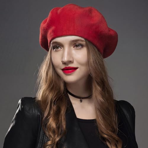 Sumolux Women Beret Hat French Beret Beanie Cap Classic Solid Color - color: Red, size: Large