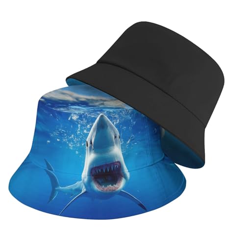 Amasnay Funny Bucket Hat Cotton Double-Side-Wear Reversible Sun Hat for Women Men, Summer Vacation Travel Beach Fisherman Hat - color: Cool Blue Shark