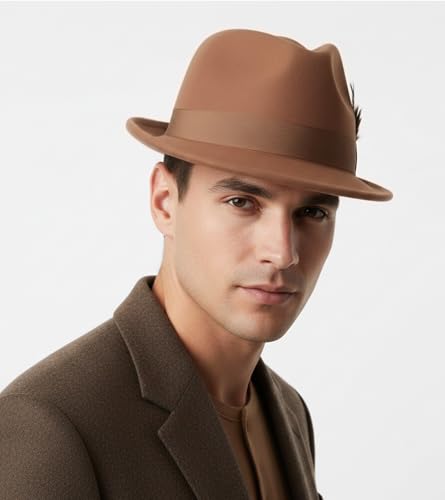 Lisianthus Short Brim Fedora Unisex Trilby Hat with Feather Band - color: Khaki
