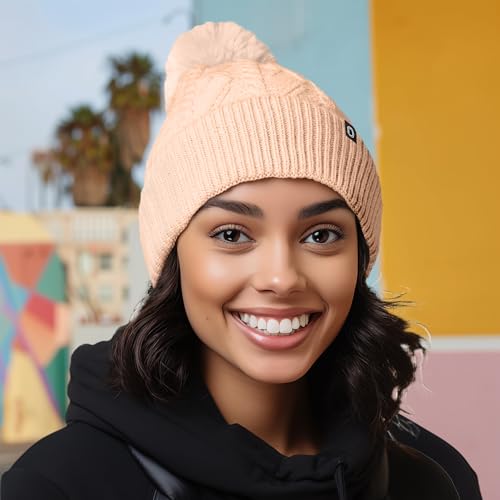 DALIX Cable Knit Pom Beanie Soft Stretch Skully Warm Fuzzy Faux Sherpa Winter Ski Beanie - color: Peach