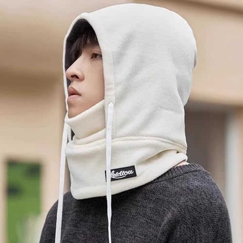 Winter Fleece Ski Mask for Men Women Balaclava Face Mask Windproof Thermal Hood Winter Full Face Neck Cover Warmer - color: Beige White Logo