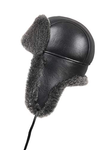 Leather Aviator Shearling Ushanka Trapper Hat Russian Sheepskin Cap Real Fur Winter Hat with Ear Flaps for Men Women - color: Black, size: Large