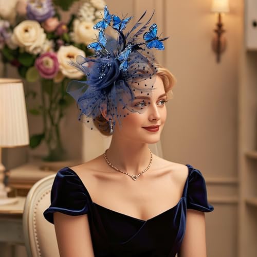 Zinniday Butterfly Derby Hat 2025 - Classic Tea Party Hats with Hair Clip, 1920s 50s Fascinators for Lady Woman - color: Navy Blue