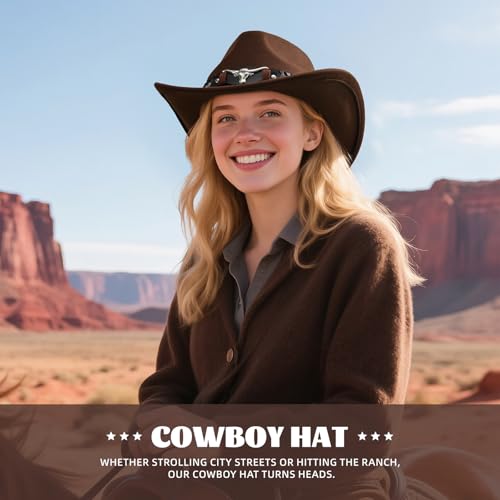 Classic Western Cowboy Hat Cowgirl Hat Unisex Men's & Women's Wide Brim Felt Fedora Hat Flat Top with Buckle Belt - color: Brown, size: 7-7 1/4