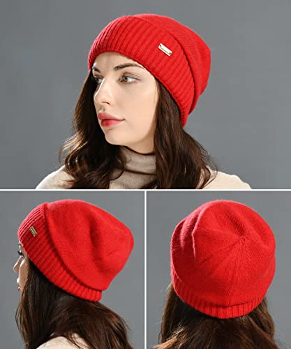 jaxmonoy Slouchy Beanies for Women Winter Lightweight Ladies Knit Hat Cuffed Soft Warm Slouch Beanie Cap - Brown - color: Red