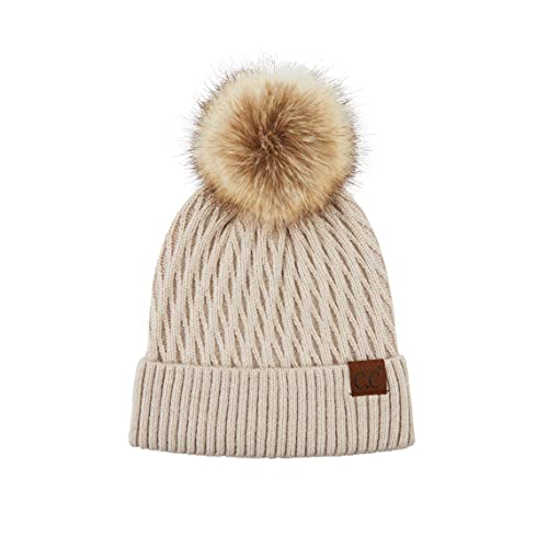 C.C Hatsandscarf Exclusives Unisex Solid Ribbed Beanie with Pom (HAT-43) - color: A Honey Comb Pattern(rayon)-beige
