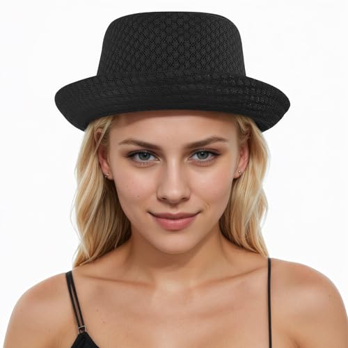 Soft Cool Mesh Fedora Hat Short Brim 1920s Classic Pork Pie Hat Summer Beach Panama Derby Cap for Men Women - color: Black