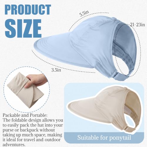 Unittype 2 Pcs Sun Hats for Women UV Protection Ponytail Wide Brim Sun Visors Cap Packable Adjustable Summer Hats for Outdoor - color: White and Blue