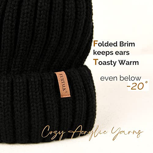 FURTALK Womens Winter Knitted Beanie Hat with Faux Fur Pom Warm Knit Skull Cap Beanie for Women - color: Black With Black Pom