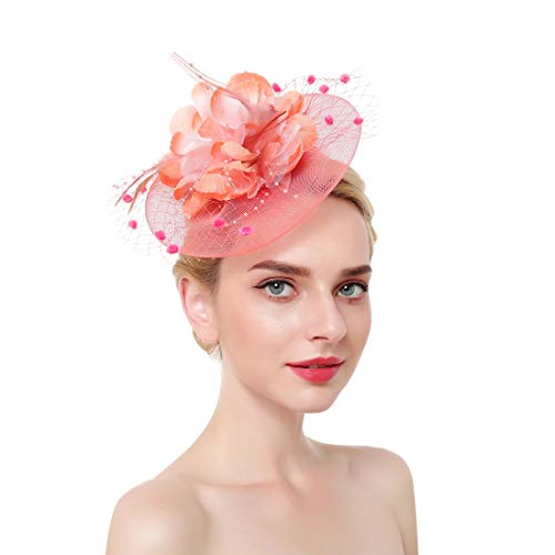 ACTLATI Fascinators Hat for Women Tea Party Headpiece Wedding Cocktail Flower Mesh Feathers Hair Clip 20s Flapper Fascinators - color: A14-pink