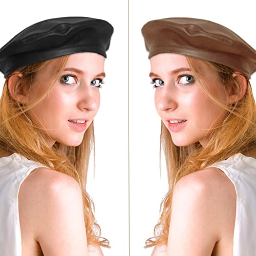 Wheebo PU Leather Berets for Women French Beret Hats Artist Painter Hat Classic Solid Style - color: Brown