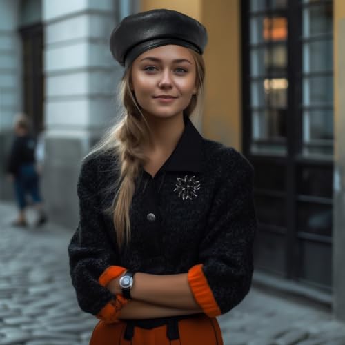 Chic PU Leather Beret for Women, Classic Berets Artist Painter Cap with Rhinestones Accessories - color: Black
