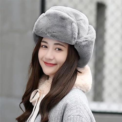 Womens Faux Fur Fuzzy Trapper Hat Winter Ear Flap Trooper Aviator Hat - color: Grey