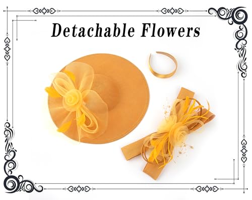 dressfan Wide Brim Fascinator Derby Hats for Women,20s Detachable Flower Hat with Headband for Derby Church Wedding Tea Party - color: Yellow