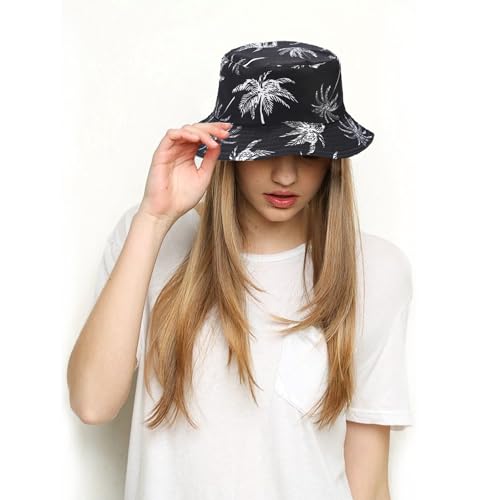 Bucket Hat for Women Men, Cotton Reversible Double Side Wear Sun Hats Beach Fisherman Hat - color: Black Coconut Tree