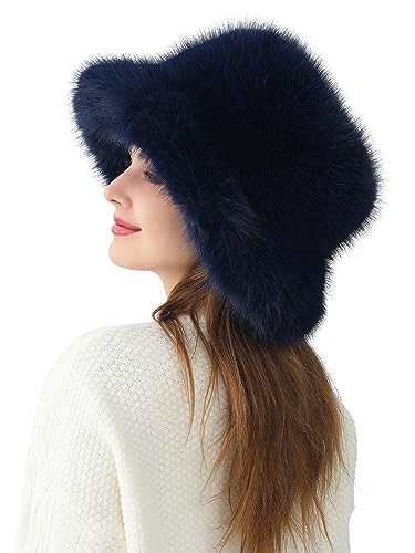 LA CARRIE Women's Fuzzy Wide Brim Faux Fur Bucket Hat Winter Fisherman Cap - color: Navy