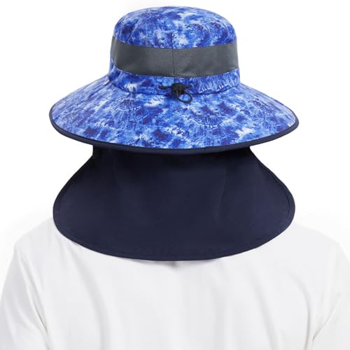 BASSDASH UPF 50+ Breathable Sun Hat with Removable Face Cover and Neck Flap Wide Brim Bucket Hat for Fishing Hiking Men Women - color: Blue Camo/Navy Blue