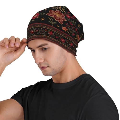 Slouchy Beanies Skull Caps for Women Men, Cool Running Hat Soft Night Caps for Sleeping Chemo Headwear - color: Vintage Bohemian Floral Art Print