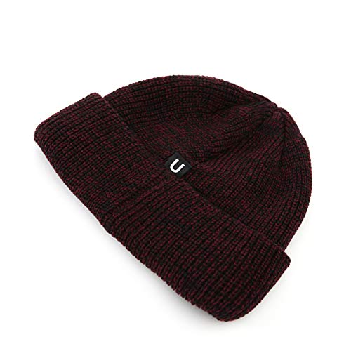 UNDERCONTROL Logo Label Patch Unisex Fall Winter Short Thick Cuffed Rollup Warm Beanie Korea Trawler Fisherman Knit Skull Hat - color: U Strap Blend Wine