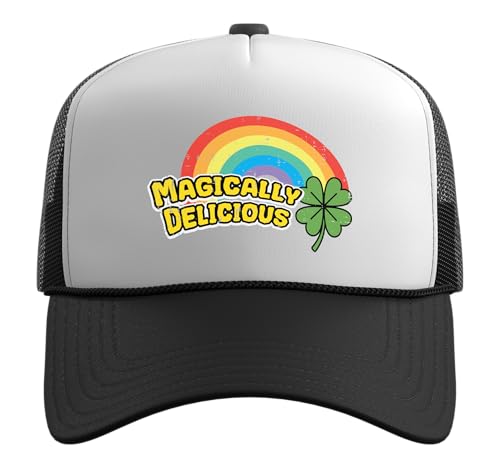 St Patricks Day Magically Delicious Saint Paddys Men Women Trucker Hat with Adjustable Mesh Back - color: Black/White