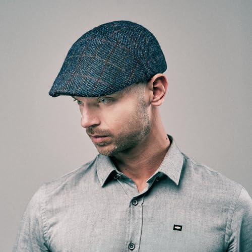 Sterkowski Ivy Five | Harris Tweed Flat Cap for Men and Women | Classic Elegant Warm 5 Panels Ivy - color: Blue/Red Check, size: 7 3/8