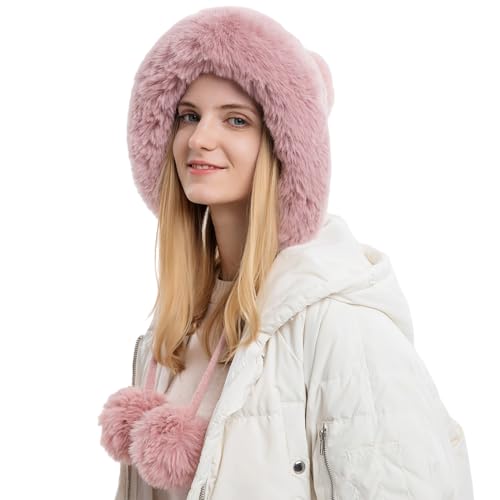 HUAMULAN Women Winter Sherpa Knit Beanie Hats Fleece Lined Ear Flaps - color: Pink Solid