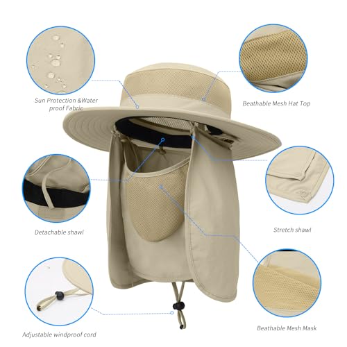 Outdoor Sun Hat UPF 50 Protection Waterproof Fishing hat Face Cover Summer Neck Flap Hat - color: Light Khaki Pro