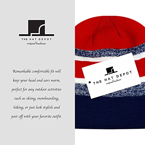 Winter Knit Beanie Hat with Pom Pom – Warm Cuffed Slouch Ski Cap for Men & Women - color: 2.navy and Red